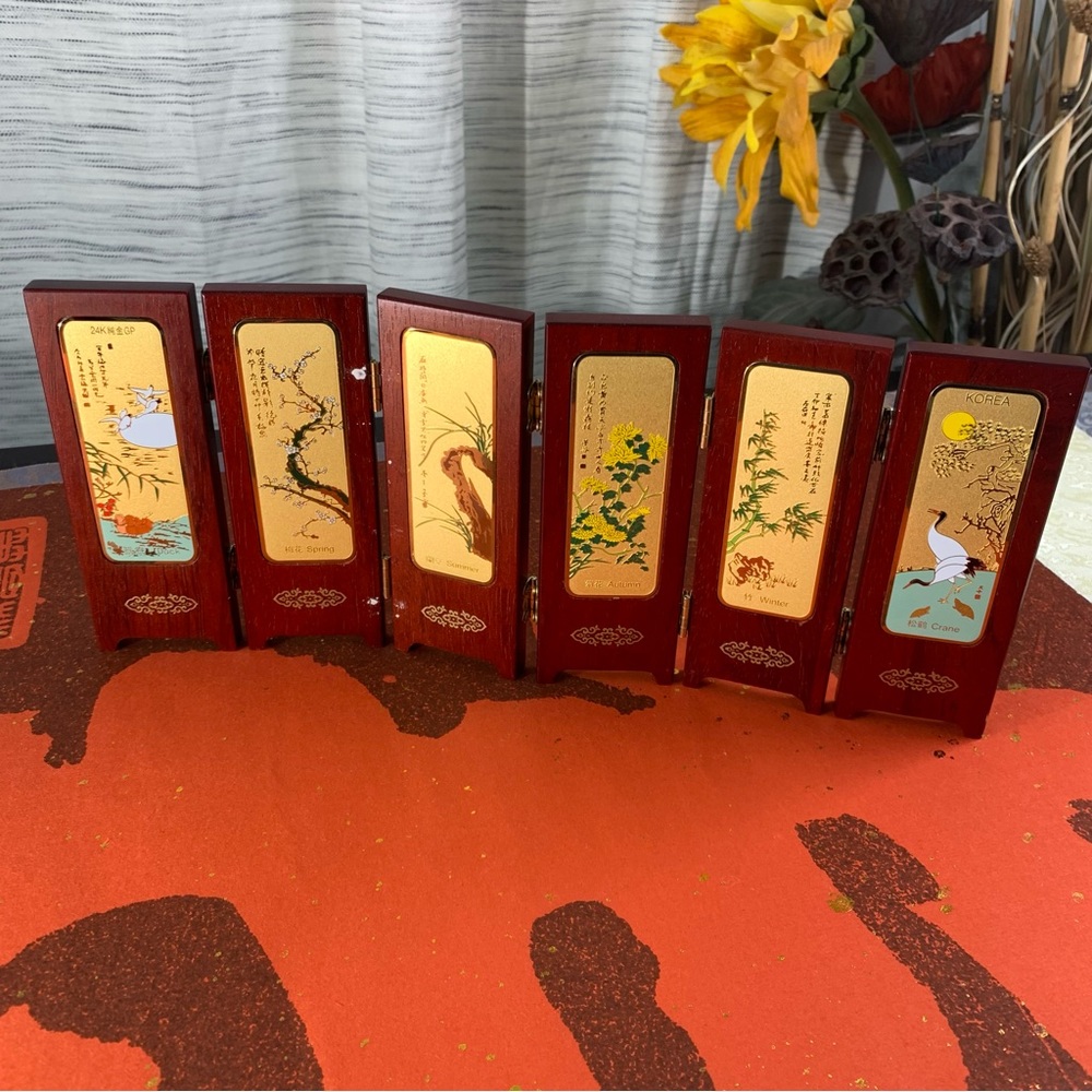 Chinese 24k Gold Plated Wood Folding Mini Screen Seasons Tabletop Decor.